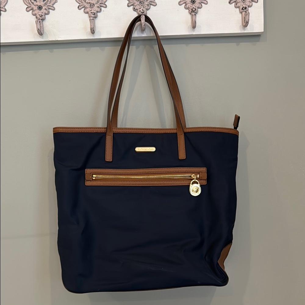 Michael Kors Navy Tote Bag with Brown Accents